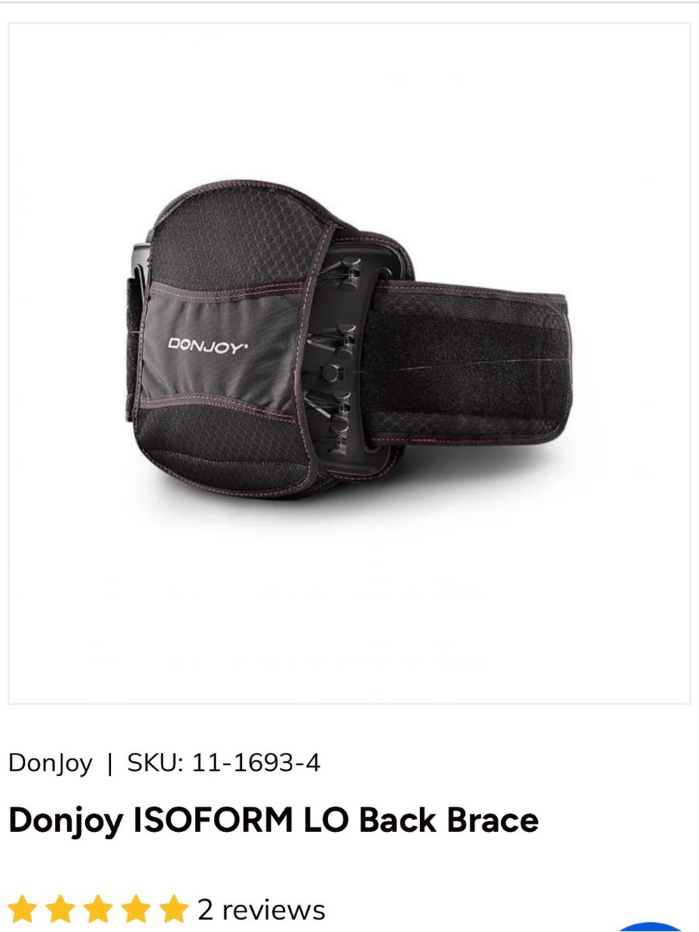 DonJoy ISOFORM LO Black Back Brace